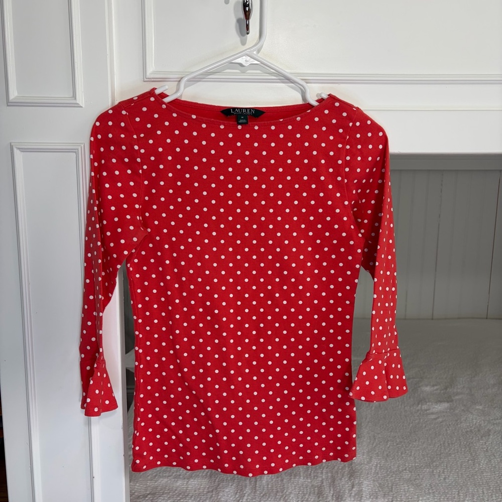 LRL Polka Dot 3/4 Ruffle Sleeve Boatneck Top